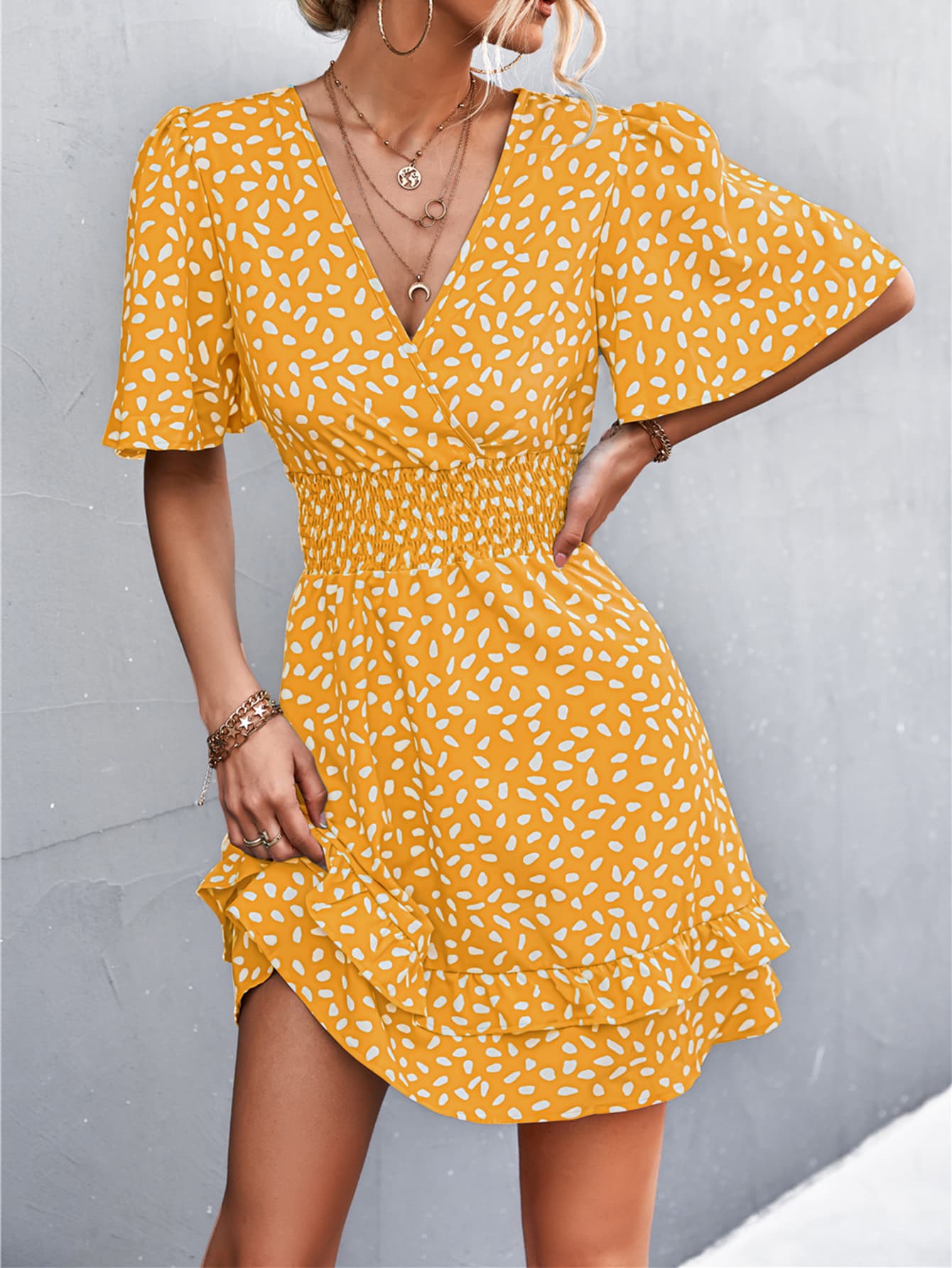 Printed Smocked Waist Layered Surplice Dress - The Downtown Dachshund