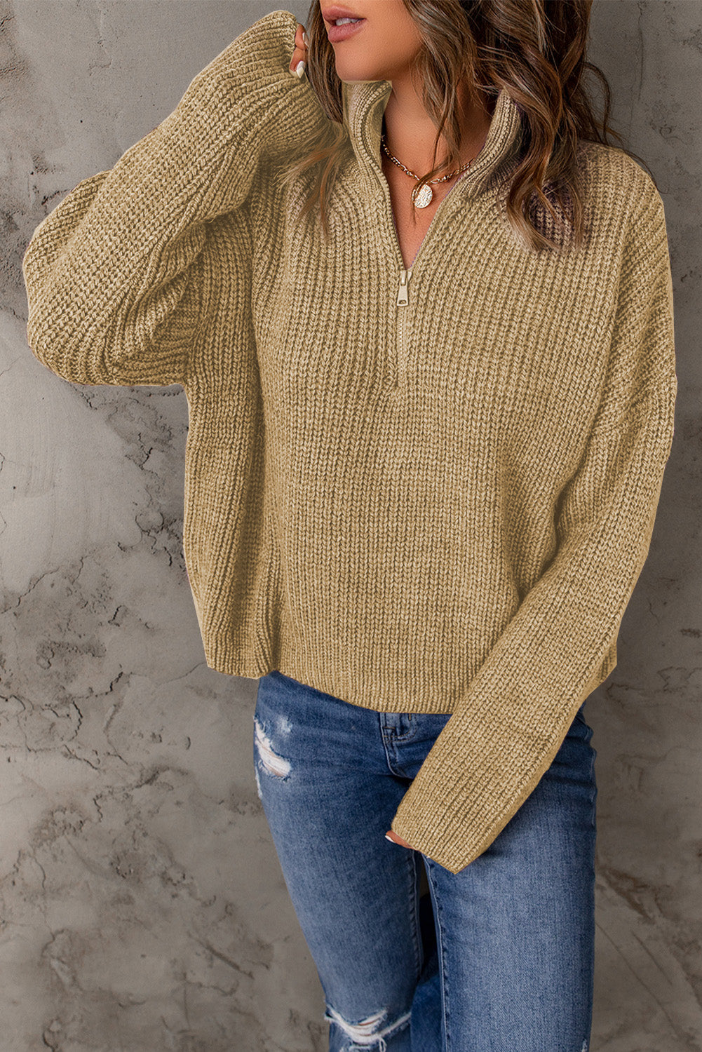 Half Zip Rib-Knit Dropped Shoulder Sweater - The Downtown Dachshund