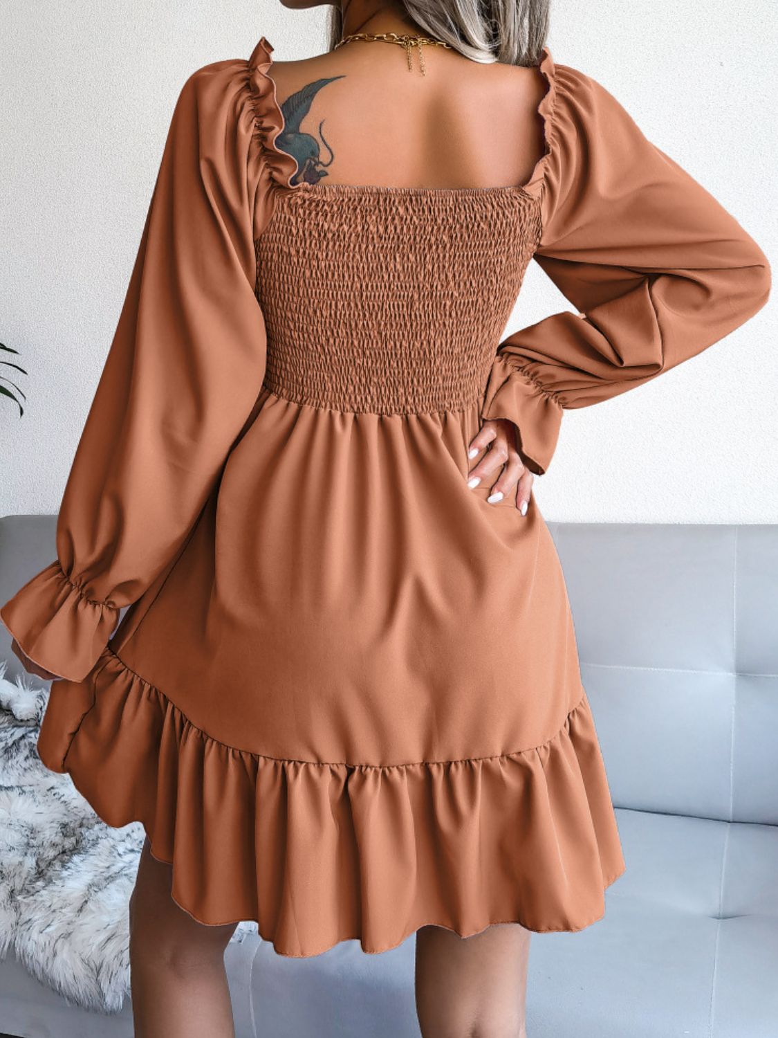 Smocked Flounce Sleeve Square Neck Dress - The Downtown Dachshund