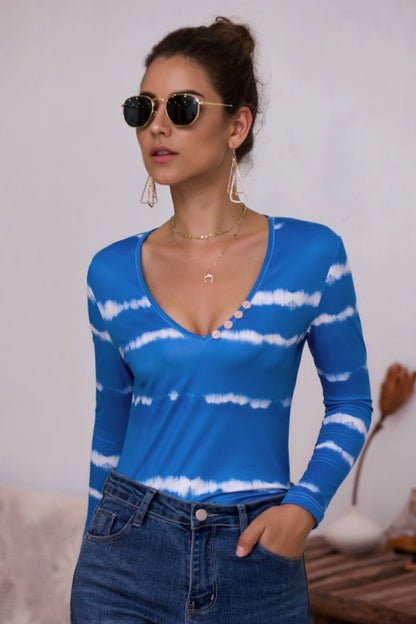 Tie-Dye Plunge Long Sleeve Top - The Downtown Dachshund