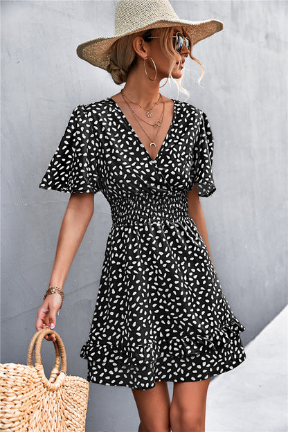 Printed Smocked Waist Layered Surplice Dress - The Downtown Dachshund