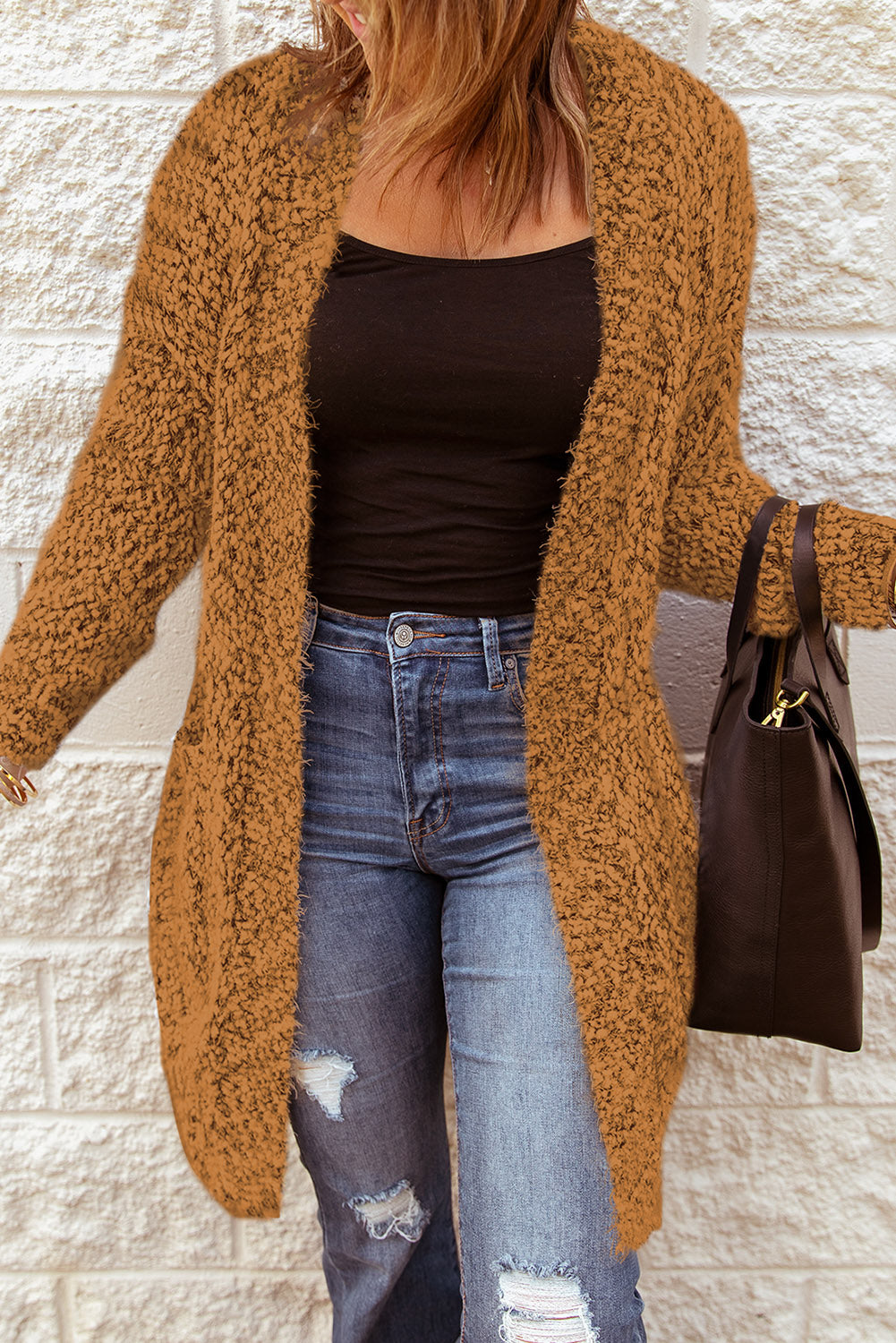 Fuzzy Popcorn Knit Open Front Longline Cardigan - The Downtown Dachshund