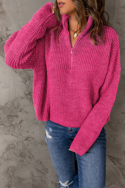 Half Zip Rib-Knit Dropped Shoulder Sweater - The Downtown Dachshund