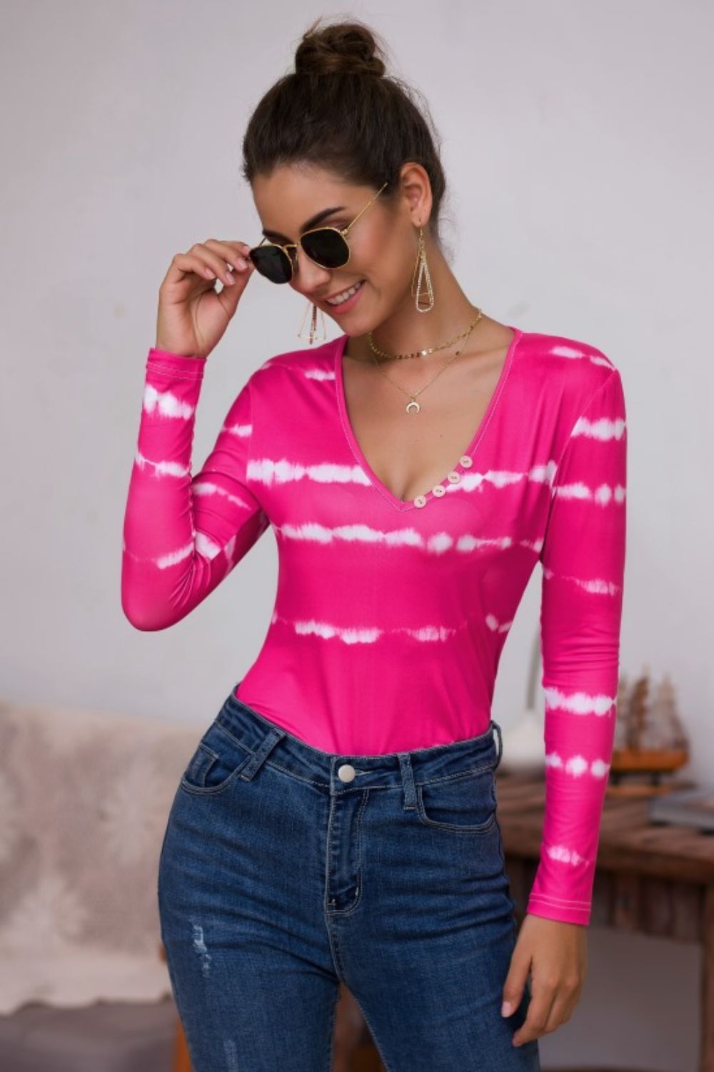 Tie-Dye Plunge Long Sleeve Top - The Downtown Dachshund