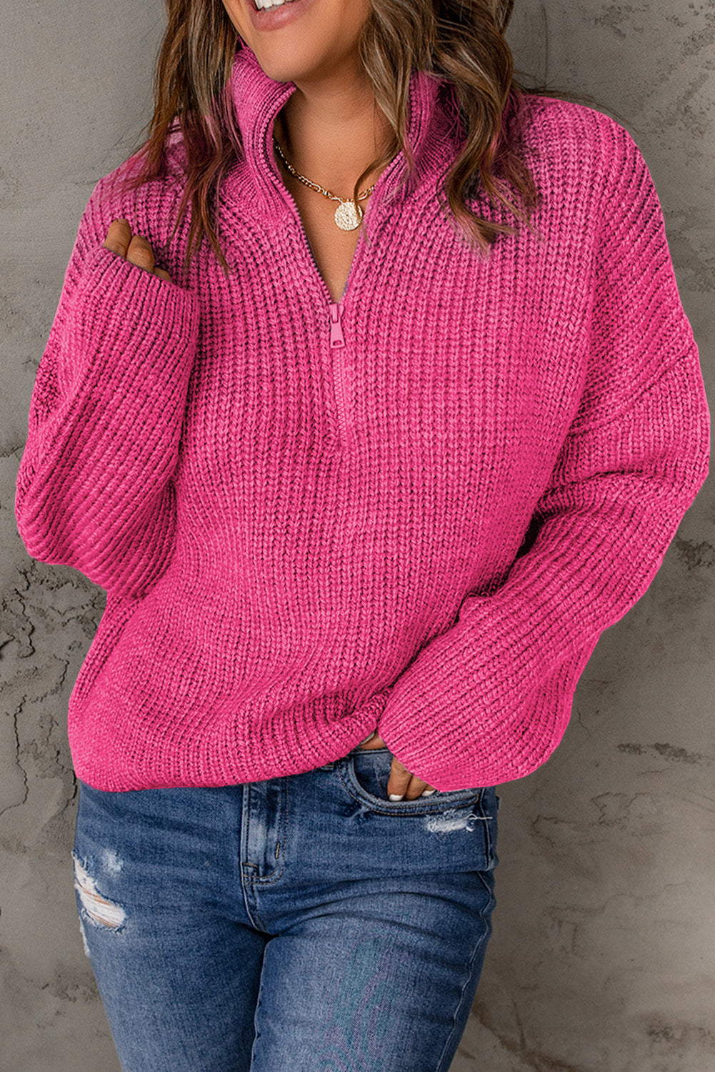 Half Zip Rib-Knit Dropped Shoulder Sweater - The Downtown Dachshund