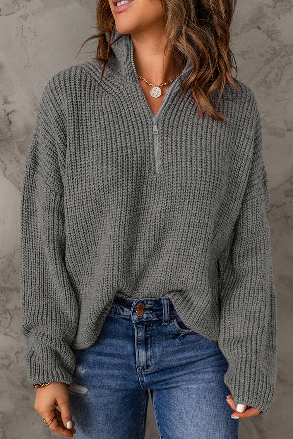 Half Zip Rib-Knit Dropped Shoulder Sweater - The Downtown Dachshund