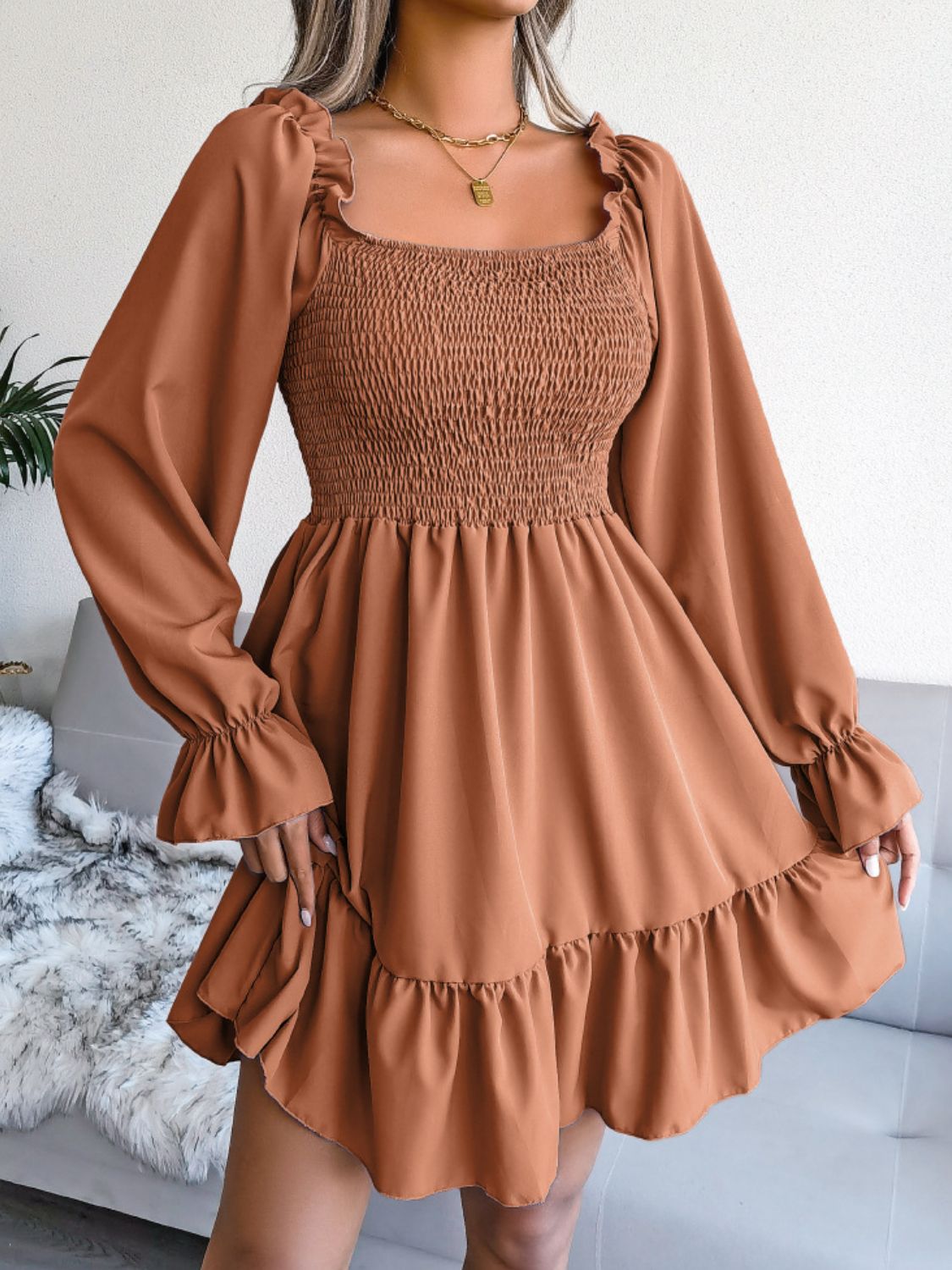 Smocked Flounce Sleeve Square Neck Dress - The Downtown Dachshund