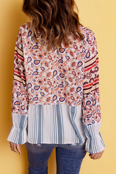 Floral Striped Flounce Sleeve Blouse - The Downtown Dachshund