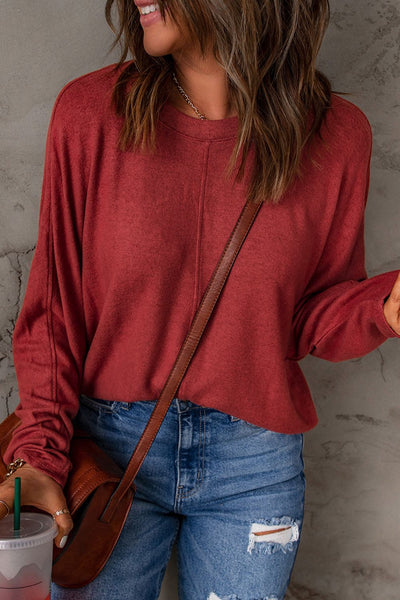 Seam Detail Round Neck Long Sleeve Top - The Downtown Dachshund