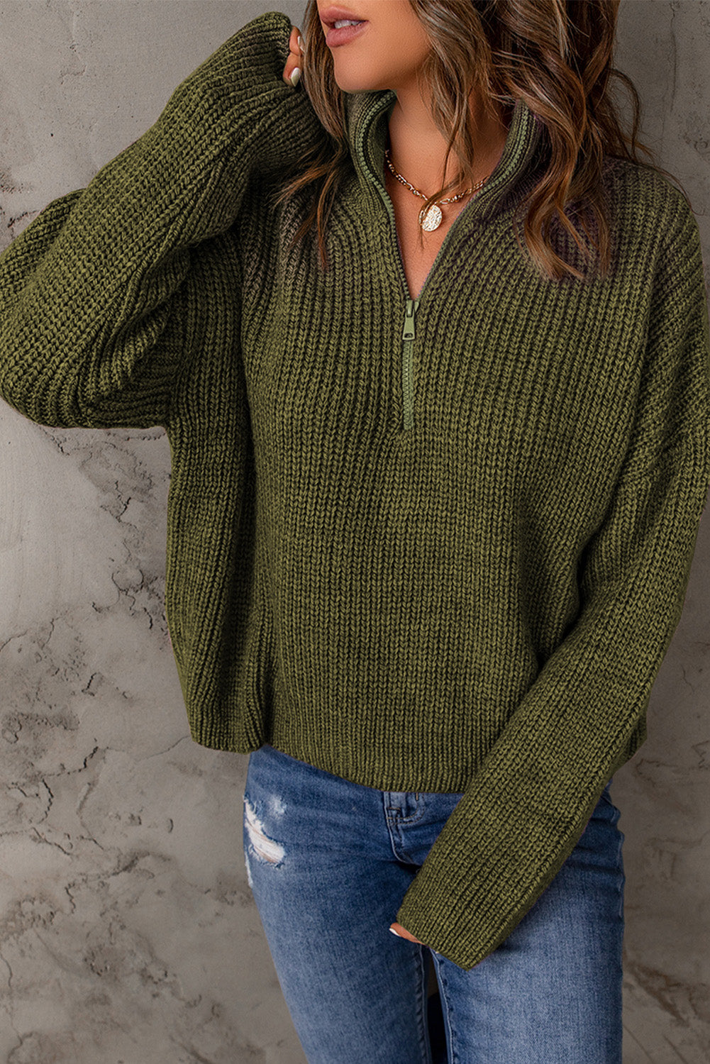 Half Zip Rib-Knit Dropped Shoulder Sweater - The Downtown Dachshund