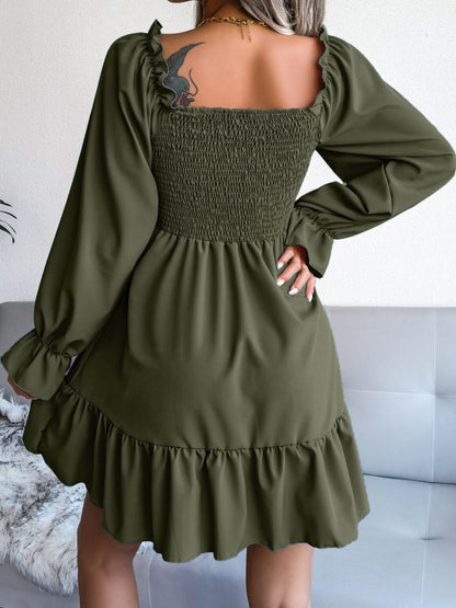 Smocked Flounce Sleeve Square Neck Dress - The Downtown Dachshund