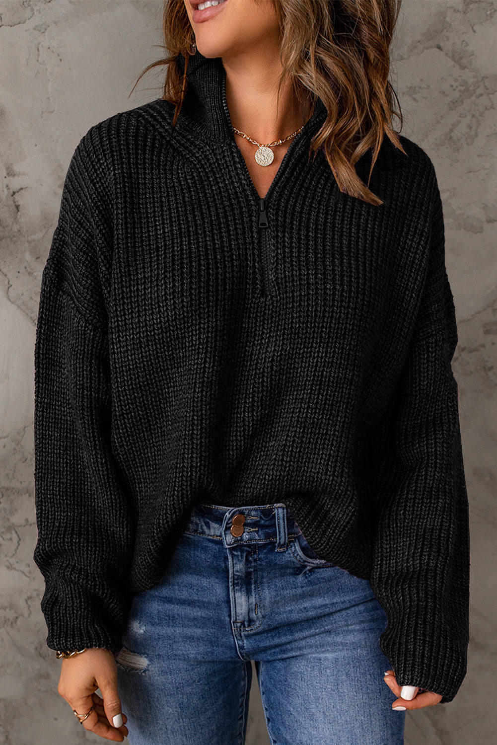 Half Zip Rib-Knit Dropped Shoulder Sweater - The Downtown Dachshund