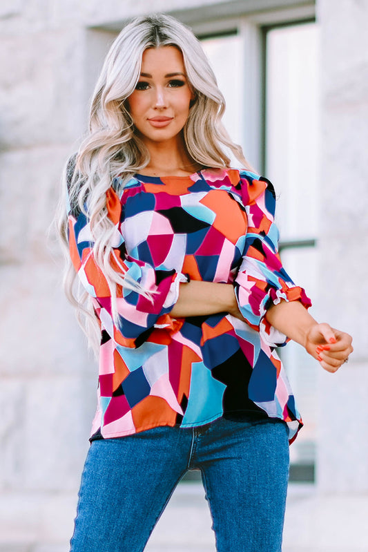 Geometric Flounce Sleeve Blouse - The Downtown Dachshund