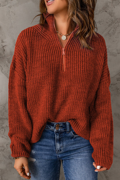 Half Zip Rib-Knit Dropped Shoulder Sweater - The Downtown Dachshund