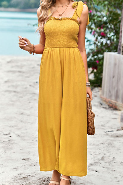 Frill Trim Tie Shoulder Wide Leg Jumpsuit with Pockets - The Downtown Dachshund