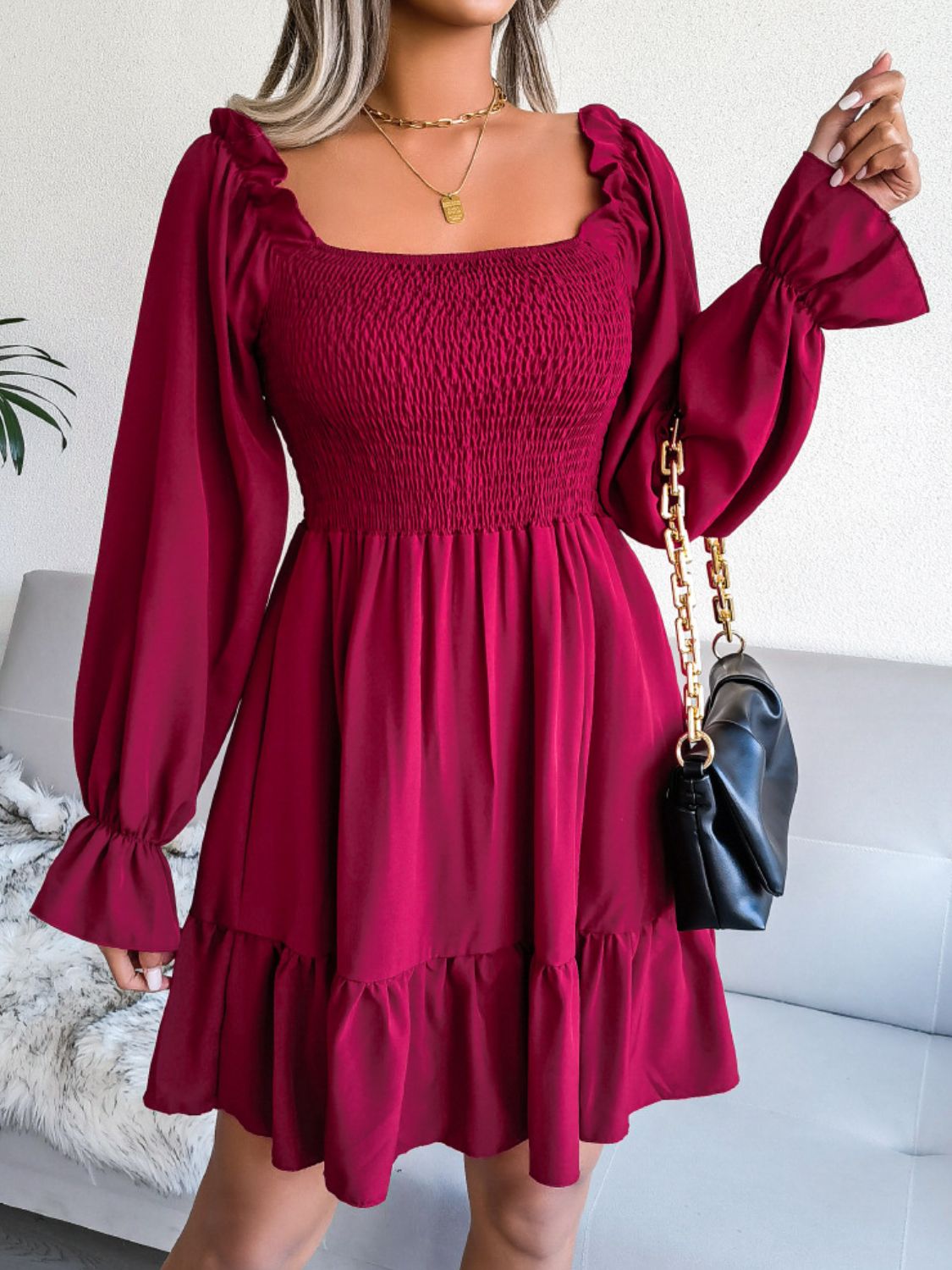 Smocked Flounce Sleeve Square Neck Dress - The Downtown Dachshund