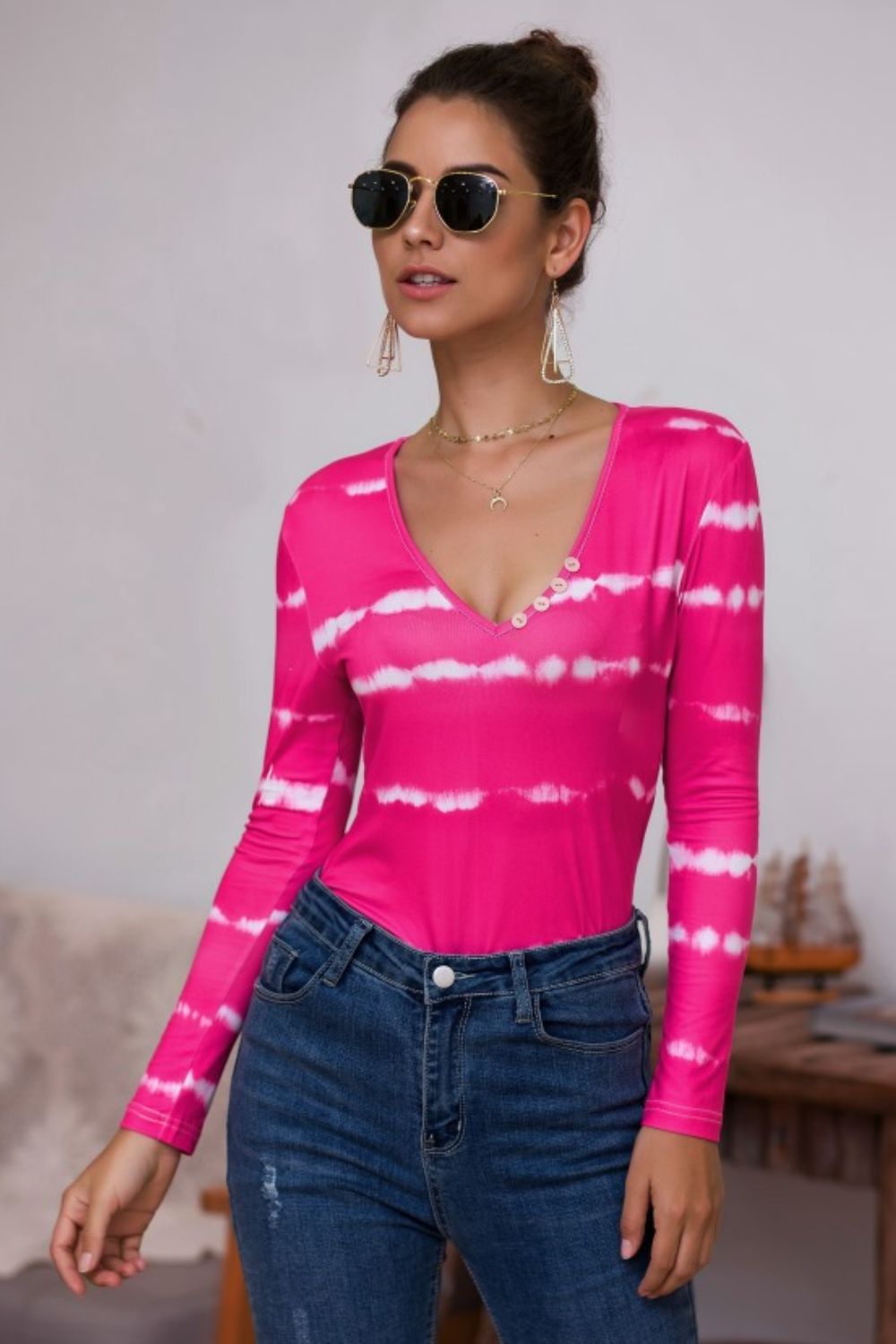 Tie-Dye Plunge Long Sleeve Top - The Downtown Dachshund