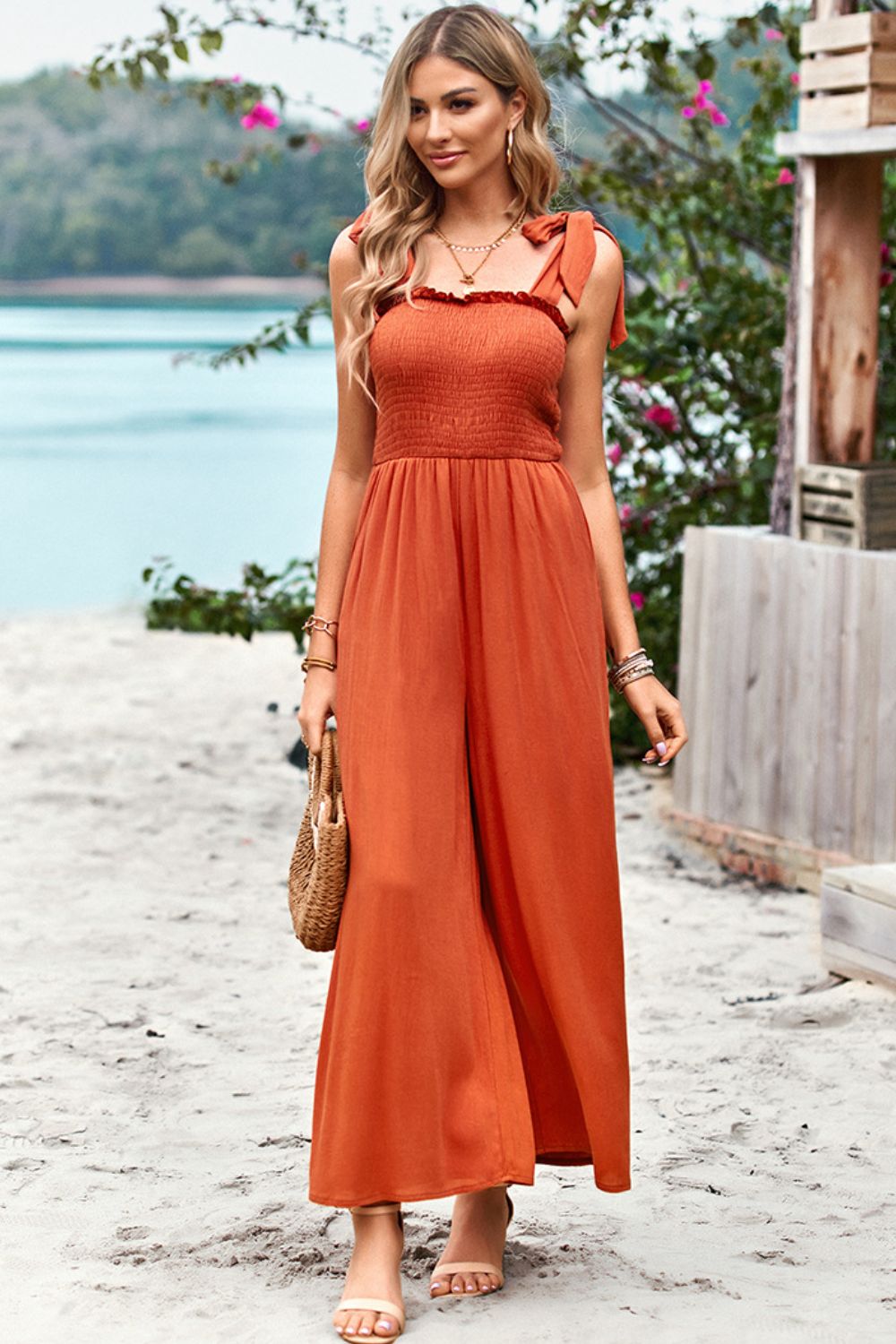 Frill Trim Tie Shoulder Wide Leg Jumpsuit with Pockets - The Downtown Dachshund