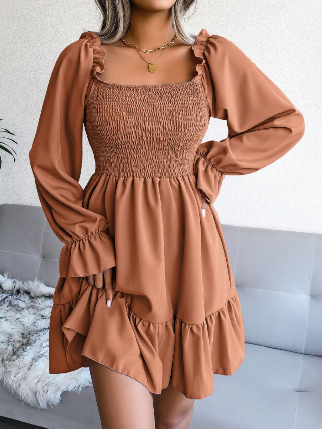 Smocked Flounce Sleeve Square Neck Dress - The Downtown Dachshund