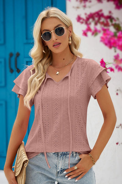 Eyelet Tie-Neck Flutter Sleeve Blouse - The Downtown Dachshund