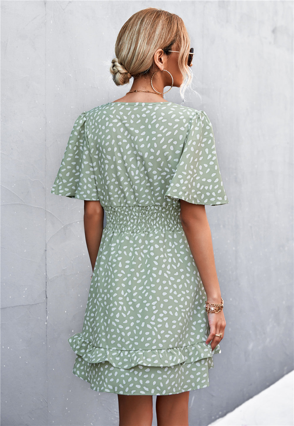 Printed Smocked Waist Layered Surplice Dress - The Downtown Dachshund