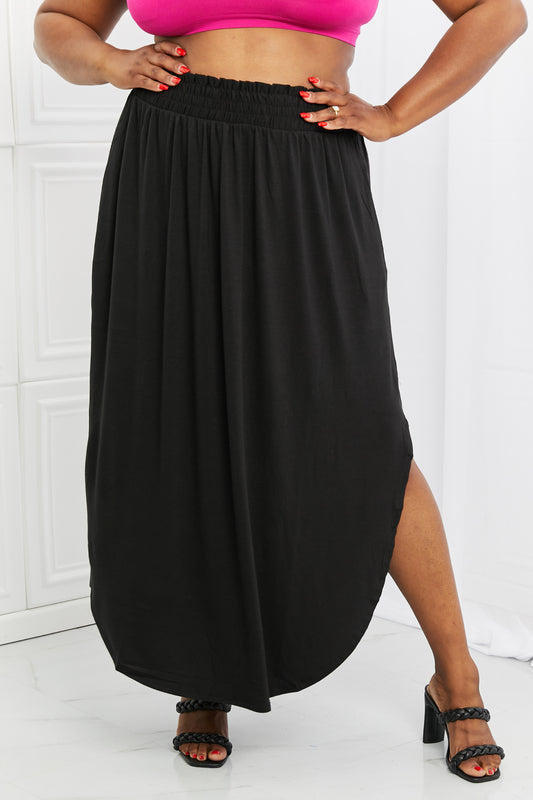 Zenana It's My Time Full Size Side Scoop Scrunch Skirt in Black - The Downtown Dachshund