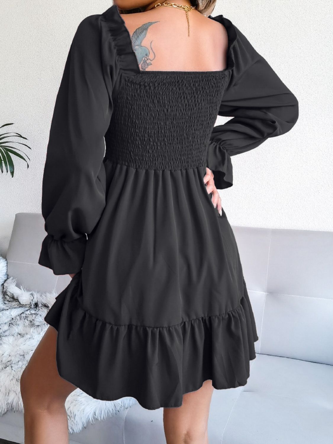 Smocked Flounce Sleeve Square Neck Dress - The Downtown Dachshund