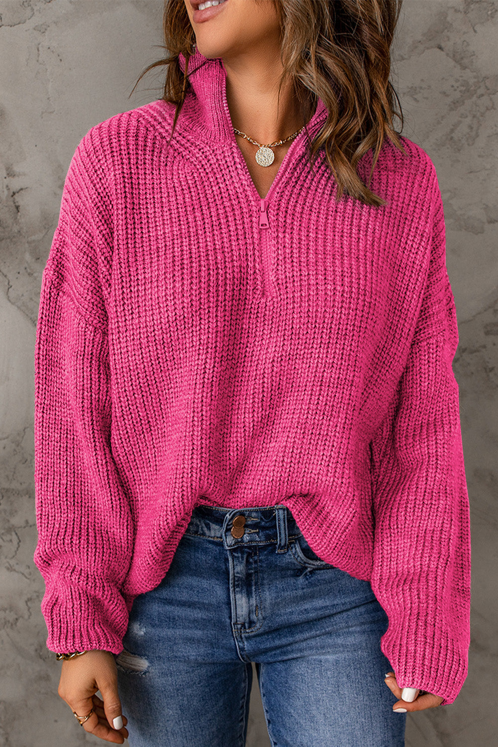 Half Zip Rib-Knit Dropped Shoulder Sweater - The Downtown Dachshund