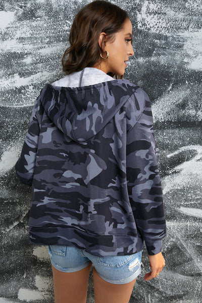 Camouflage Drawstring Detail Zip Up Hooded Jacket - The Downtown Dachshund