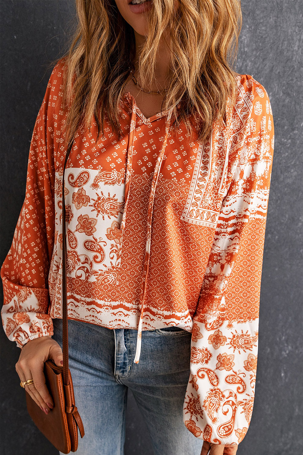 Bohemian Tie-Neck Balloon Sleeve Blouse - The Downtown Dachshund