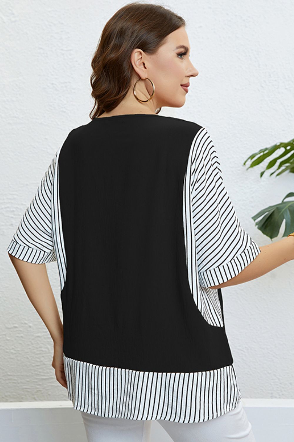 Plus Size Striped Round Neck Half Sleeve Top - The Downtown Dachshund