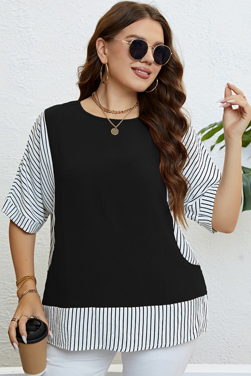 Plus Size Striped Round Neck Half Sleeve Top - The Downtown Dachshund