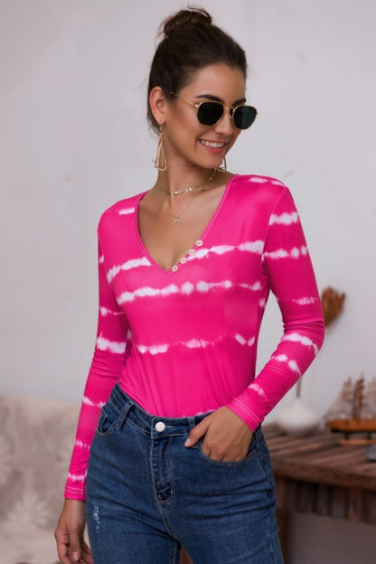 Tie-Dye Plunge Long Sleeve Top - The Downtown Dachshund