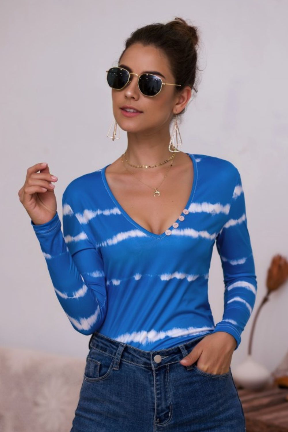 Tie-Dye Plunge Long Sleeve Top - The Downtown Dachshund