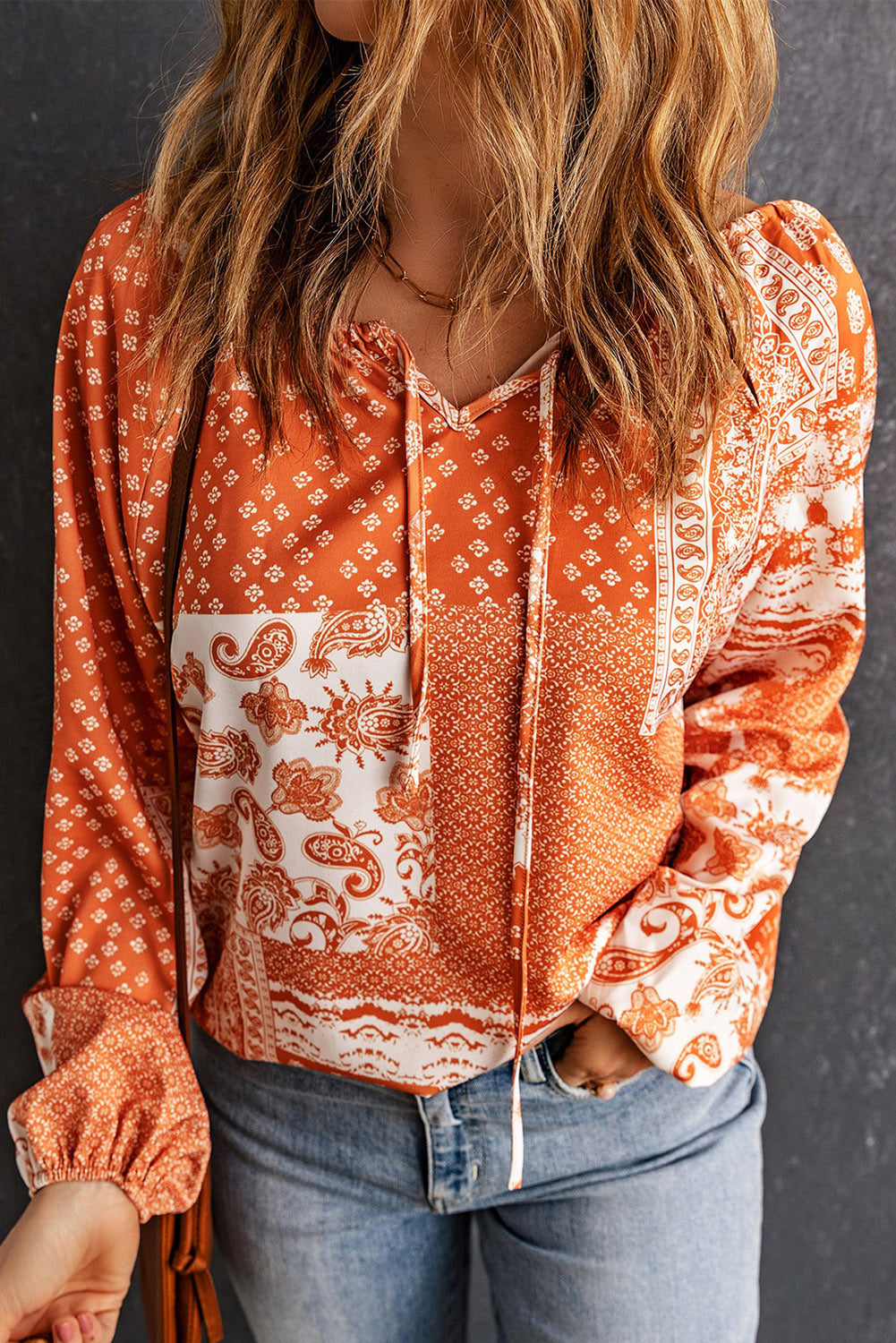 Bohemian Tie-Neck Balloon Sleeve Blouse - The Downtown Dachshund