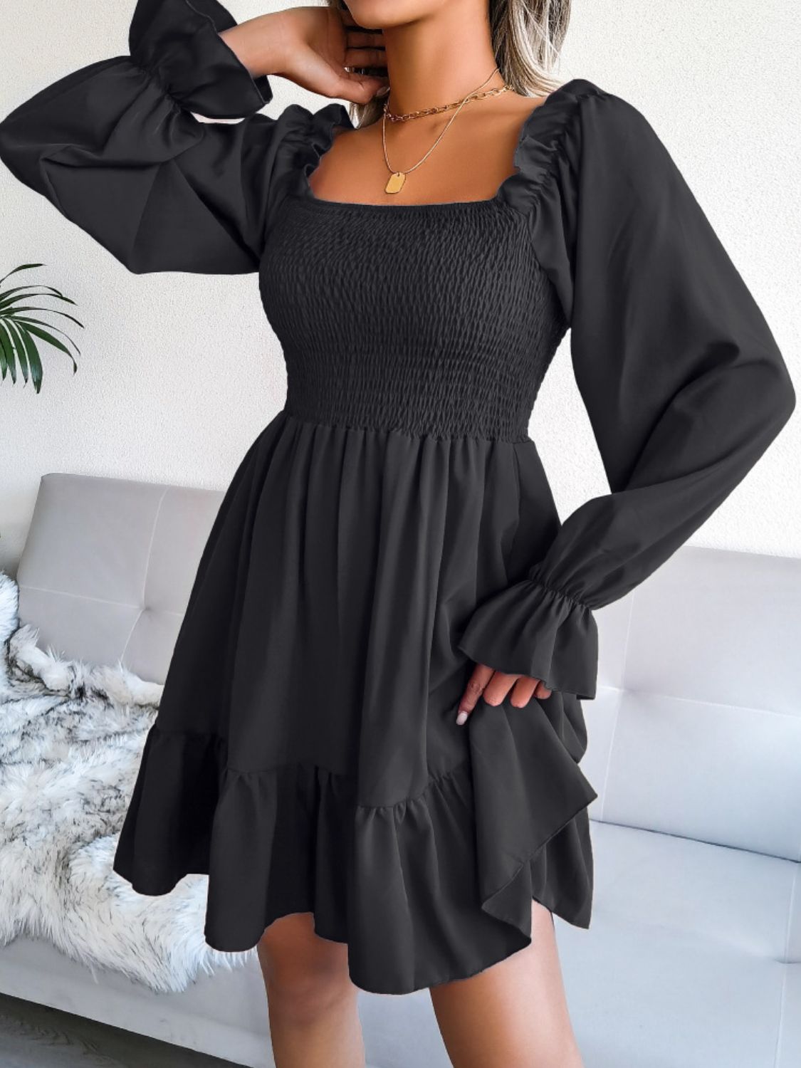 Smocked Flounce Sleeve Square Neck Dress - The Downtown Dachshund