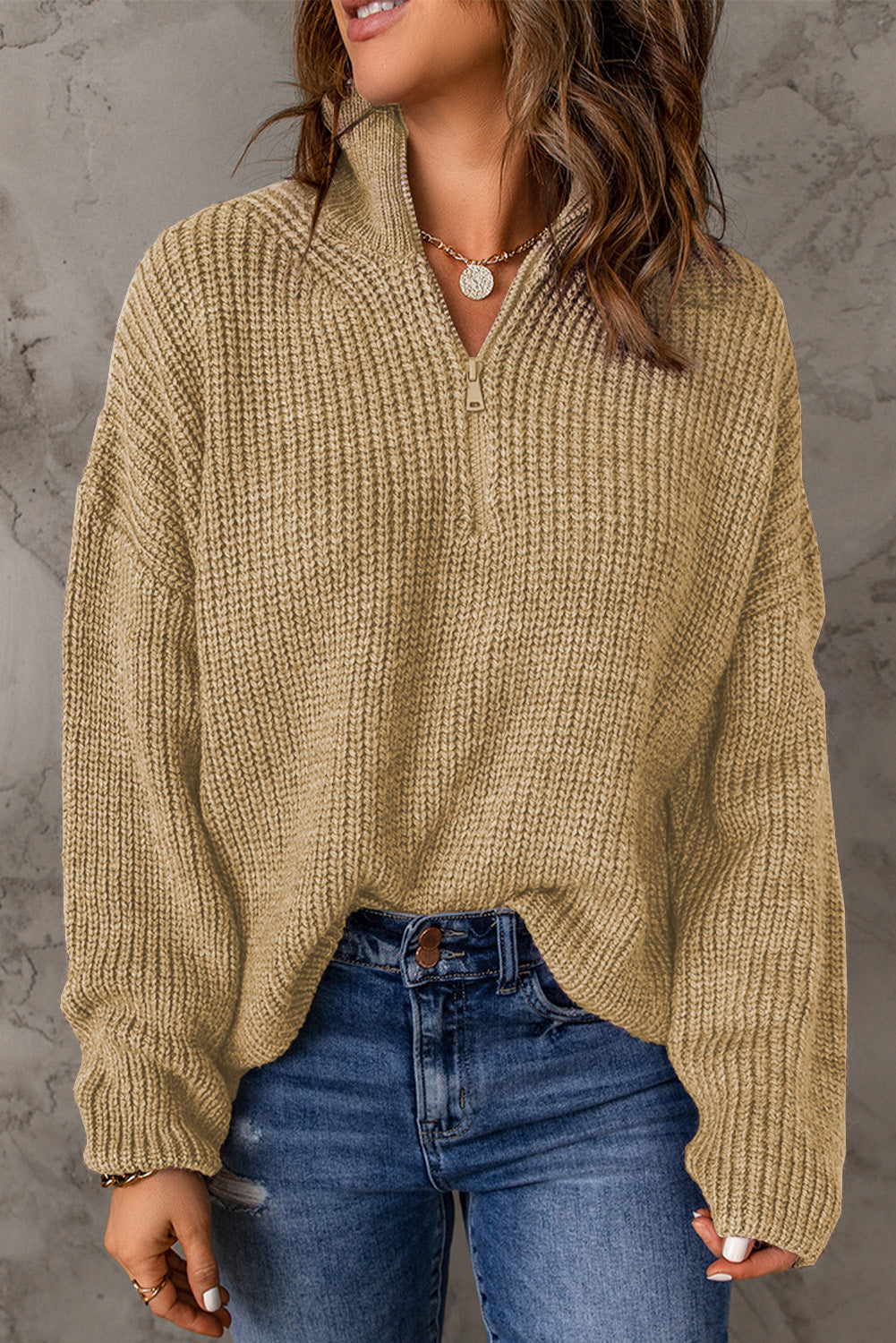 Half Zip Rib-Knit Dropped Shoulder Sweater - The Downtown Dachshund