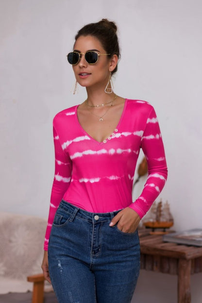 Tie-Dye Plunge Long Sleeve Top - The Downtown Dachshund