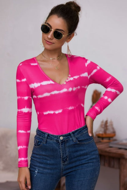 Tie-Dye Plunge Long Sleeve Top - The Downtown Dachshund