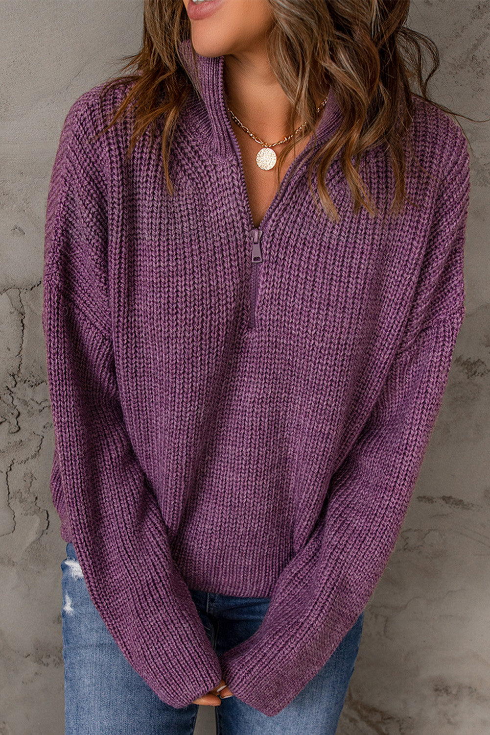 Half Zip Rib-Knit Dropped Shoulder Sweater - The Downtown Dachshund