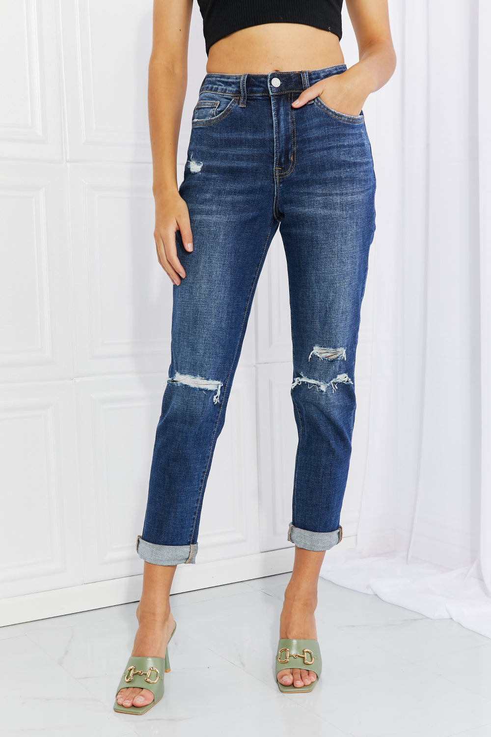 VERVET Full Size Distressed Cropped Jeans with Pockets - The Downtown Dachshund