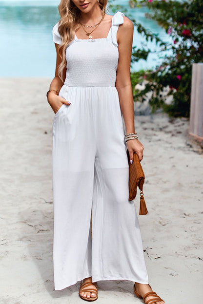 Frill Trim Tie Shoulder Wide Leg Jumpsuit with Pockets - The Downtown Dachshund