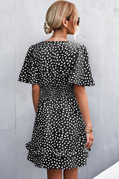 Printed Smocked Waist Layered Surplice Dress - The Downtown Dachshund