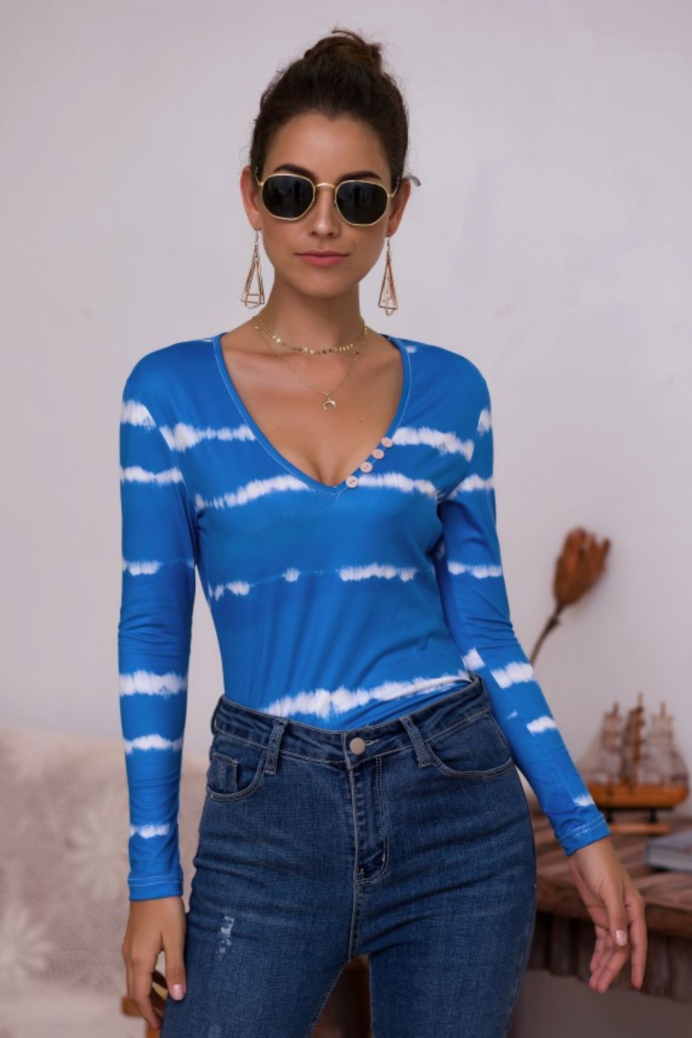 Tie-Dye Plunge Long Sleeve Top - The Downtown Dachshund