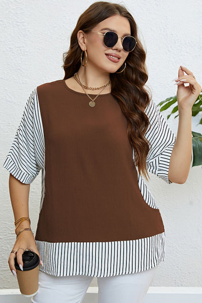 Plus Size Striped Round Neck Half Sleeve Top - The Downtown Dachshund