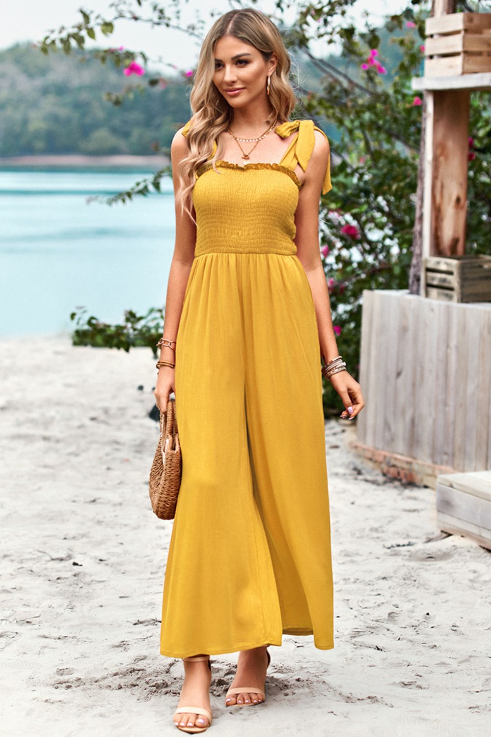 Frill Trim Tie Shoulder Wide Leg Jumpsuit with Pockets - The Downtown Dachshund