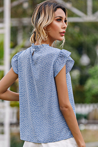 Heart Print Frill Neck Flutter Sleeve Blouse - The Downtown Dachshund