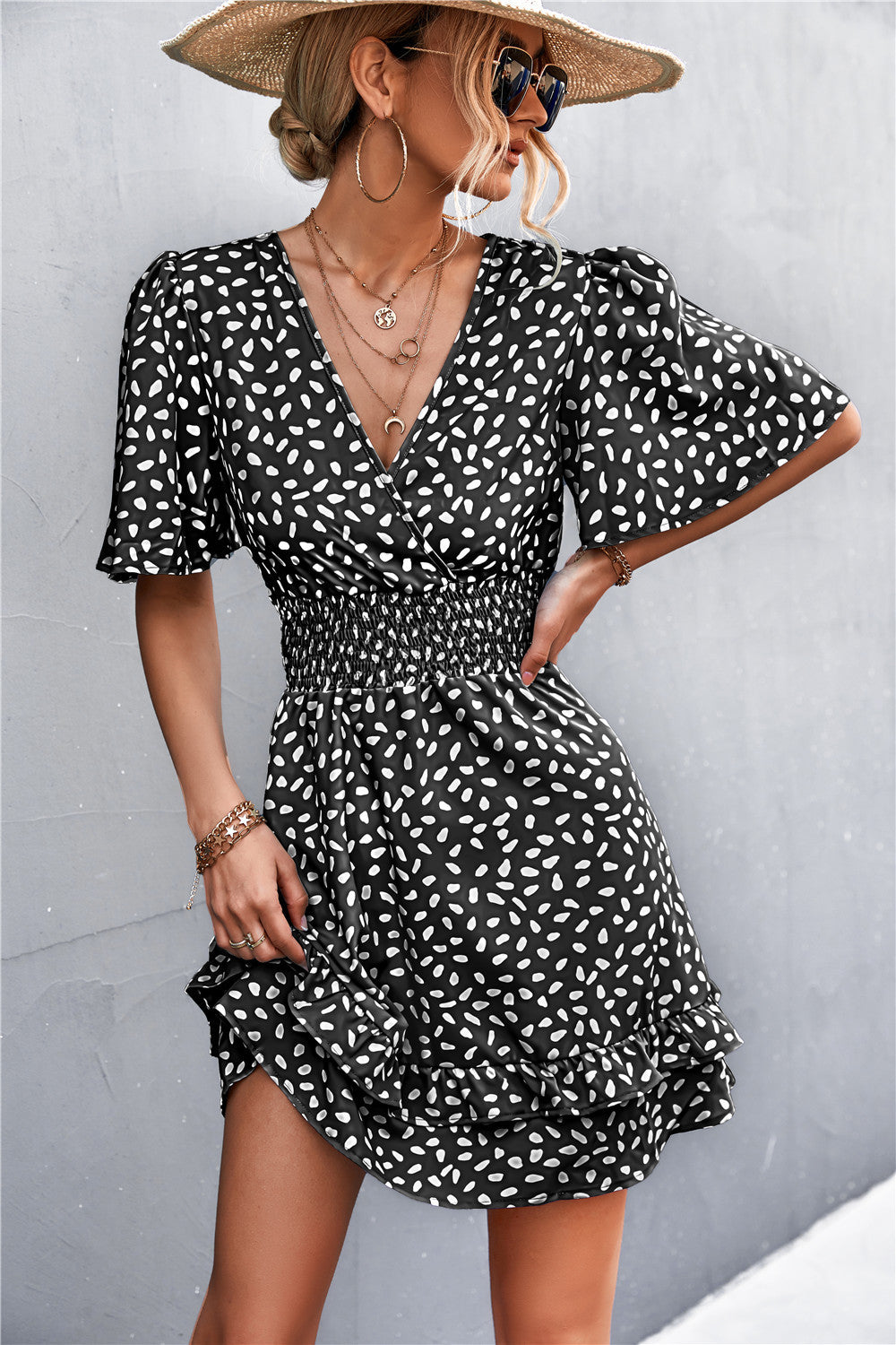 Printed Smocked Waist Layered Surplice Dress - The Downtown Dachshund