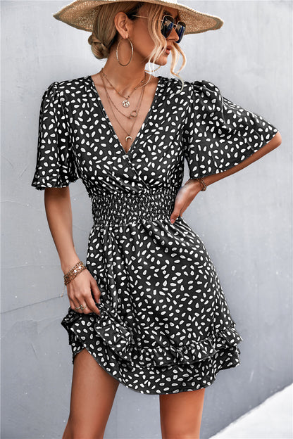 Printed Smocked Waist Layered Surplice Dress - The Downtown Dachshund