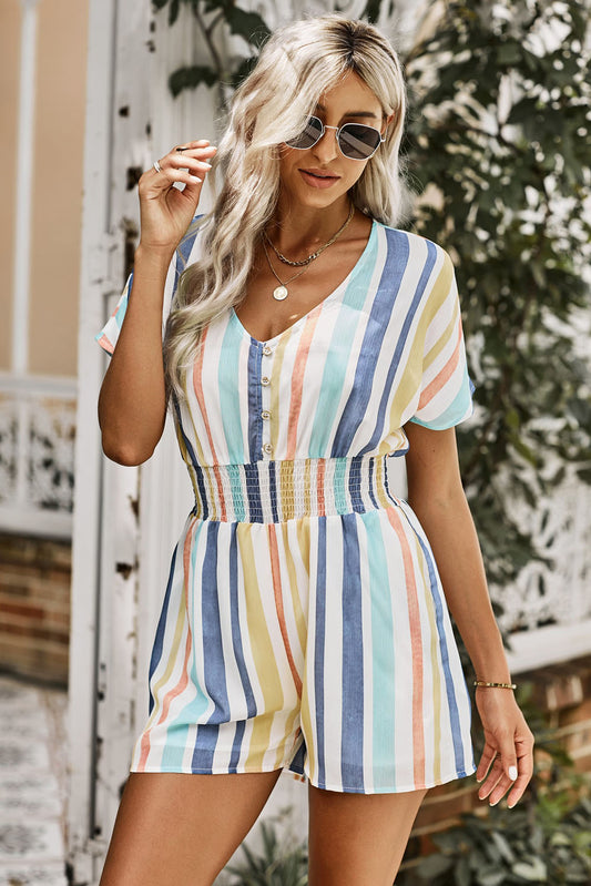 Multicolored Stripe V-Neck Smocked Waist Romper - The Downtown Dachshund